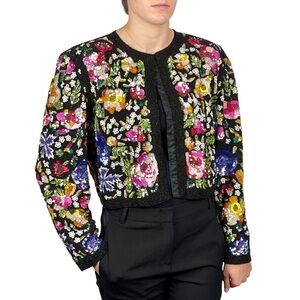 LAURENCE KAZAR VINTAGE BEAD EMBELLISHED EMBROIDERED HEAVY FLORAL EVENING JACKET
